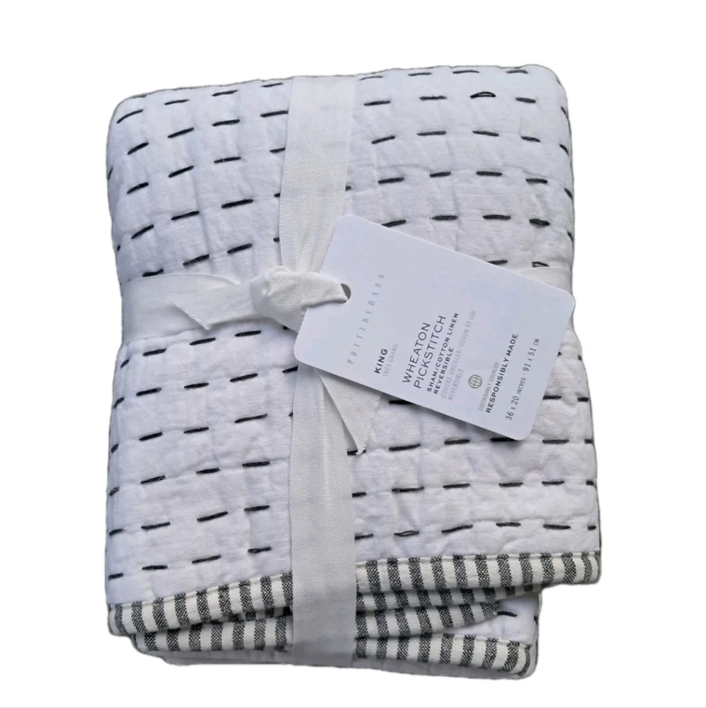 Pottery Barn Wheaton Pick-Stitch King Shams Set of 2 Reversible Cotton Linen NEW